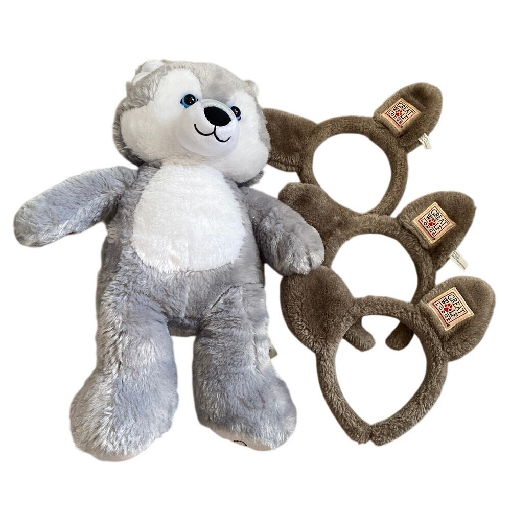 Build A Bear Great Wolf Lodge Blue eyes husky gray White wolf 16β Plush W Extras